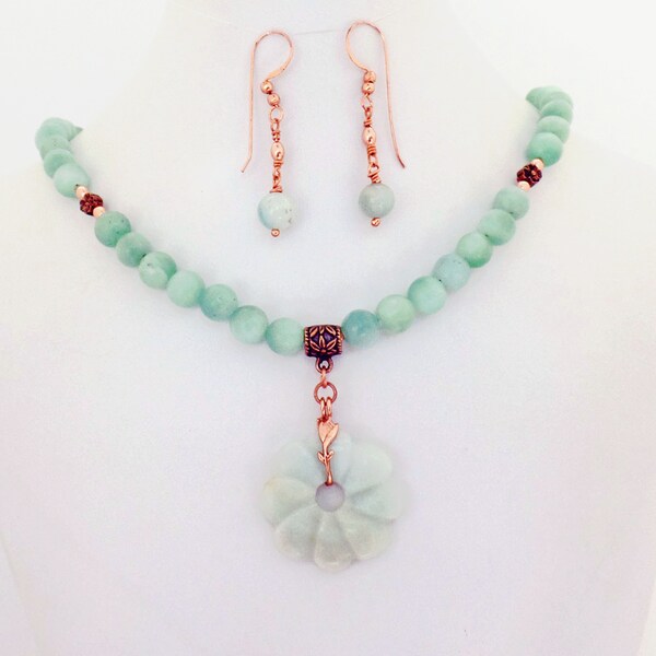 Amazonite Flower Copper Handmade Gemstone Beaded Pendant  Necklace