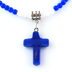 Blue Cats Eye Cross Pendant with Blue and White Cats Eye Necklace, Glass Cross Pendant Necklace image 4