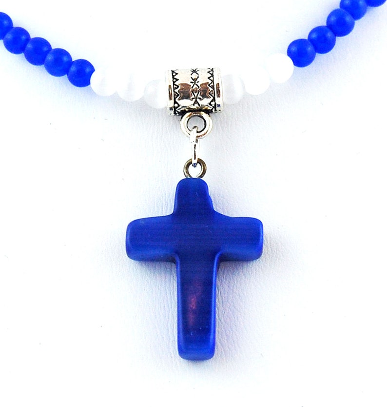 Blue Cats Eye Cross Pendant with Blue and White Cats Eye Necklace, Glass Cross Pendant Necklace image 4