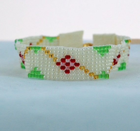 Hand Loomed Woven Seed Bead Cuff Plus Size Bracelet Rambling Rose