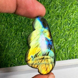 Peut inclure: Une pierre précieuse de labradorite polie avec une forme irrégulière et lisse. La pierre présente un éclat irisé vibrant, avec des stries marquées de jaune vif, de bleu profond et de vert réfléchissant sur sa surface sombre et semi-translucide.