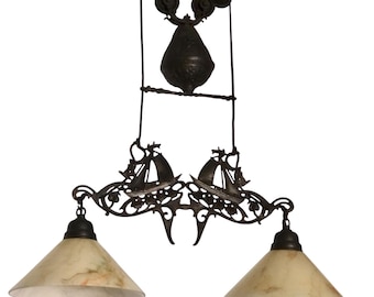 Vintage Elevator Chandelier with Ship Motifs – Cast Iron & Opaline Glass, 2 Lights