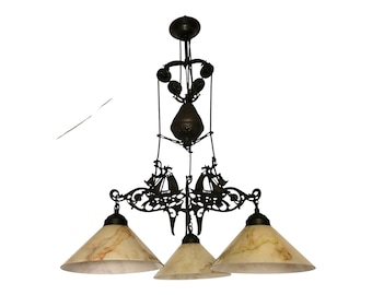 Vintage Elevator Chandelier with Ship Motifs – Cast Iron & Opaline Glass, 3 Lights
