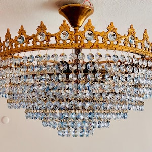 1960s Antique Crown Crystal Chandelier, Flush Mount Brass Ceiling Light, Soft Blue Crystal Lamp