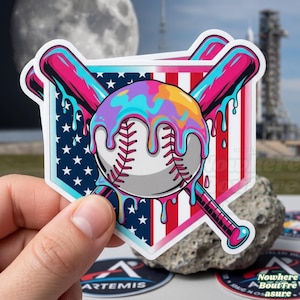 Pack 3pcs Baseball Drip Sticker USA Flag Stars Stripes Crossed Bats Artemis Space Theme Patriotic Sports Decals