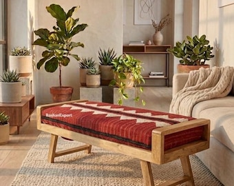 Banco plegable de madera con alfombra Kilim / Banco de entrada estilo bohemio / Otomana Kilim turca / Muebles rústicos estilo bohemio / Banco de alfombra roja hecho a mano