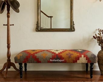 Handmade Kilim Bench: Acacia Wood Ottoman with Wool Kilim Jute Rug