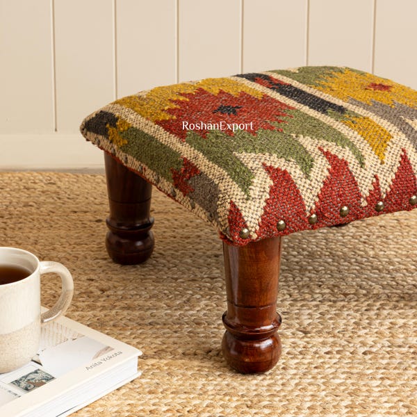 Handmade Kilim Upholstered Ottoman | Acacia Wood Footstool 14x14x9 Inches