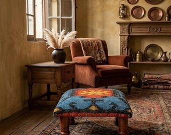 Hand-woven Kilim Ottoman Footstool- Upholstered Wooden Pouf from India, Boho Tribal Accent Bench, Durable Tribal Seat Cushion