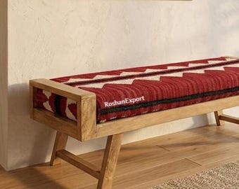 Wooden Folding Kilim Rug Bench | Boho Entryway Bench | Turkish Kilim Ottoman | Rustic Bohemian Furniture | Handmade Red Rug Bench
