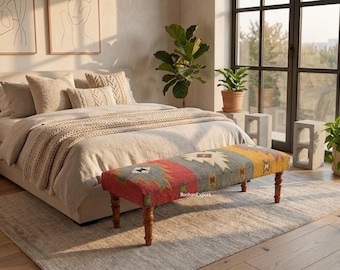 Handmade Ottoman Bench Multicolor Bench and Coffee Table Kilim Fabric Upholstered Bench, Handmade Furniture, Footstool Bench, Ottoman Bench