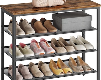 Rustic Brown 4-Tier Shoe Rack – Adjustable Metal Entryway Organizer for Closet & Hallway Storage