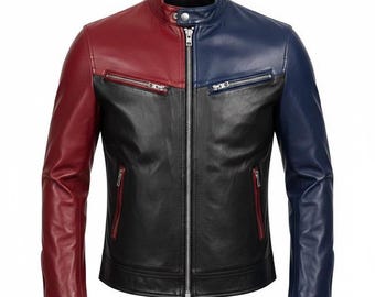 メンズ ブラウン＆ブルー＆レッド レザーバイカージャケット – クラシックなモーターサイクルスタイル、本革、スリムフィット