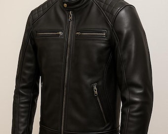 Men’s Black Leather Biker Jacket – Classic Motorcycle Style, Genuine Leather, Slim Fit