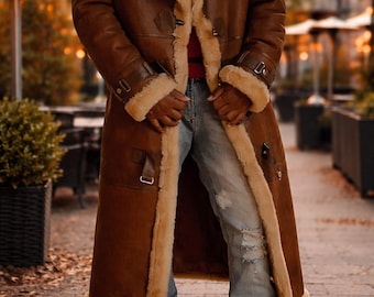 Men's Brown Shearling Long Coat, Genuine Sheepskin Leather Jacket, Winter Warmth Overcoat