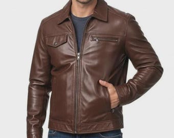 Men’s Brown Leather Biker Jacket – Classic Motorcycle Style, Genuine Leather, Slim Fit