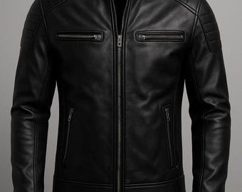 Zwart leren bikerjack heren – klassieke motorstijl, echt leer, slimfit