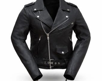 Women’s Black Leather Biker Jacket – Classic Motorcycle Style, Genuine Leather, Slim Fit