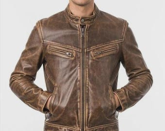 Men’s Brown Leather Biker Jacket – Classic Motorcycle Style, Genuine Leather, Slim Fit