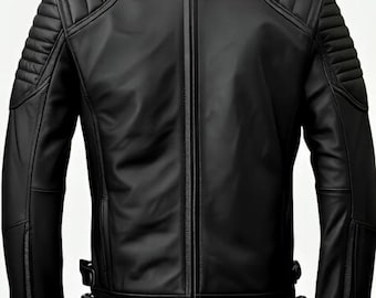 Zwart leren bikerjack heren – klassieke motorstijl, echt leer, slimfit