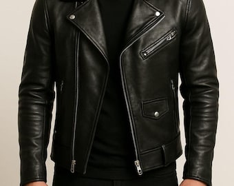 Zwart leren bikerjack heren – klassieke motorstijl, echt leer, slimfit