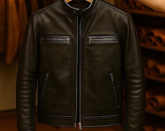 Men’s Brown Leather Biker Jacket – Classic Motorcycle Style, Genuine Leather, Slim Fit
