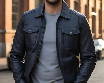 Men’s Black Leather Biker Jacket – Classic Motorcycle Style, Genuine Leather, Slim Fit