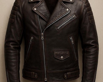 Men’s Brown Leather Biker Jacket – Classic Motorcycle Style, Genuine Leather, Slim Fit