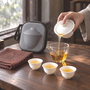 Puede incluir: Un juego de té que incluye tres tazas pequeñas de cerámica blanca, una jarra de cristal transparente y un gaiwan de cerámica blanca con tapa. También se incluye un estuche de transporte gris con cremallera y un paño marrón texturizado.
