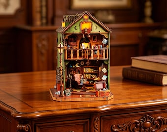 Wizard bibliotheek boekenhoekje, twee verdiepingen tellend magisch huisminiatuur, doe-het-zelf houten puzzeldecor