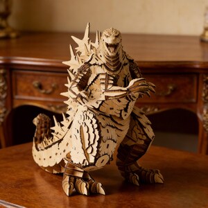 May include: A wooden Godzilla sculpture, intricately crafted with layered wood pieces. The figure is posed with an open mouth and spiky dorsal fins, showcasing detailed craftsmanship. The sculpture is displayed on a wooden surface.