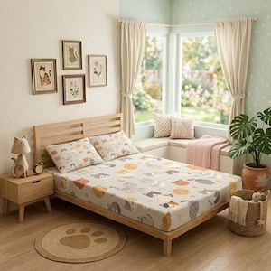 Cat Bedding Set, Meow Pattern Fitted Sheet, Soft Polyester Twin Bed Cover Group