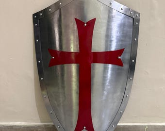 Medieval Crusader Shield Red Cross Templar Steel Cosplay LARP Prop 28 inches, Knight Battle