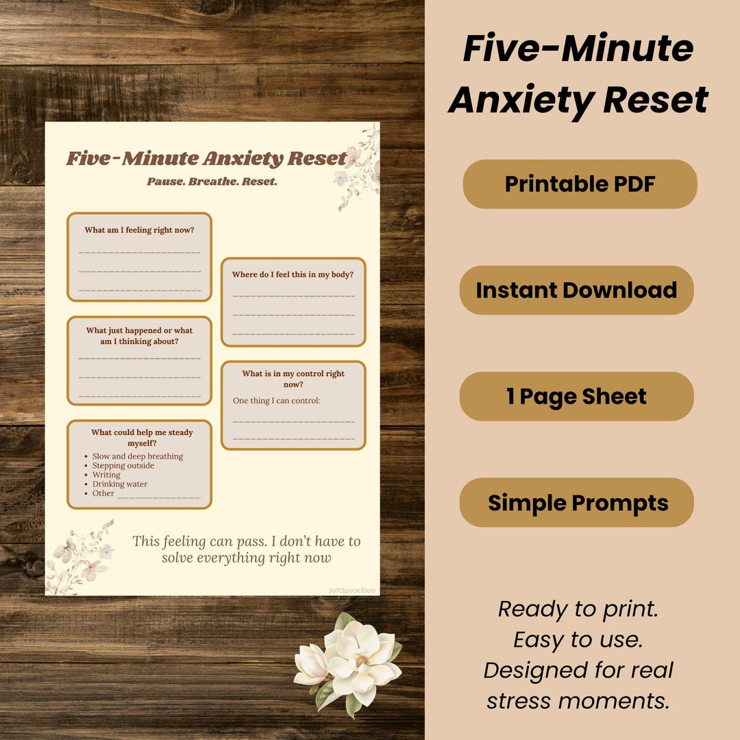 Five-minute Anxiety Reset | Gentle Grounding Worksheet | Printable ...