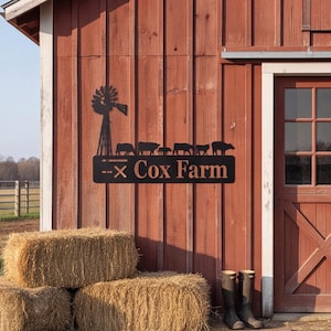 May include: A black metal wall sign featuring a silhouette of a windmill and a line of cattle above the text Cox Farm. The sign includes a small graphic of a dash and an X symbol to the left of the name, mounted on a vertical wood wall.