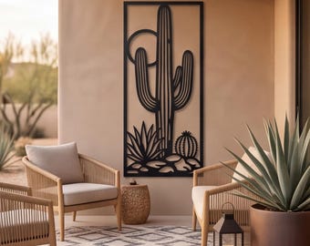 Wanddecoratie met cactusmotief in zuidwestelijke stijl, verticale woestijndecoratie, stalen saguaro-paneel, moderne woestijnkunst, wanddecoratie voor buiten