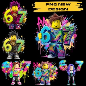 以下が含まれることがあります： ロブロックス風のキャラクターが数字の6と7を持っているカラフルなデジタルイラストのコレクション。キャラクターは、鮮やかなペイントスプラッター効果のある黒い背景に設定されています。「PNG NEW DESIGN」というテキストが上部にあります。