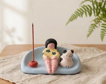Hand-Painted Ceramic Incense Holder | Girl and Kitty Companionship Decor | blue and pink，Back to School Gift