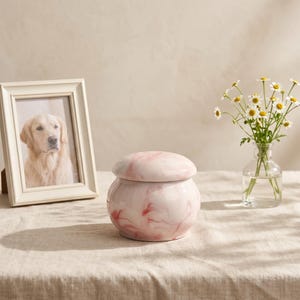 Könnte beinhalten: Eine rosa-weiß marmorierte Keramikurne mit passendem Deckel. Im Hintergrund ein gerahmtes Foto eines Golden Retrievers und eine kleine Vase mit Gänseblümchen. Die Urne ist ein dekorativer Artikel.