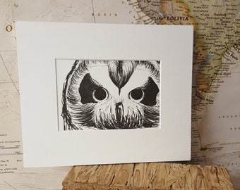 Matted Black and White Barred Owl Lithograph on Paper, Limited Edition Print
