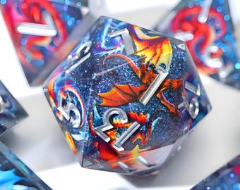 Handmade Polyhedral RPG Dice Set Resin DND Dice with Colorful Dragon,Sharp Edge Dice for Dungeons and Dragons-PW 2