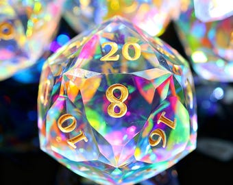 Rainbow Iridescent Diamond Cut Sharp Edge Chonk D20 Resin Dice,30mm Oversized Polyhedral Dice Gfits for Dungeons & Dragons RPG,Dice for her