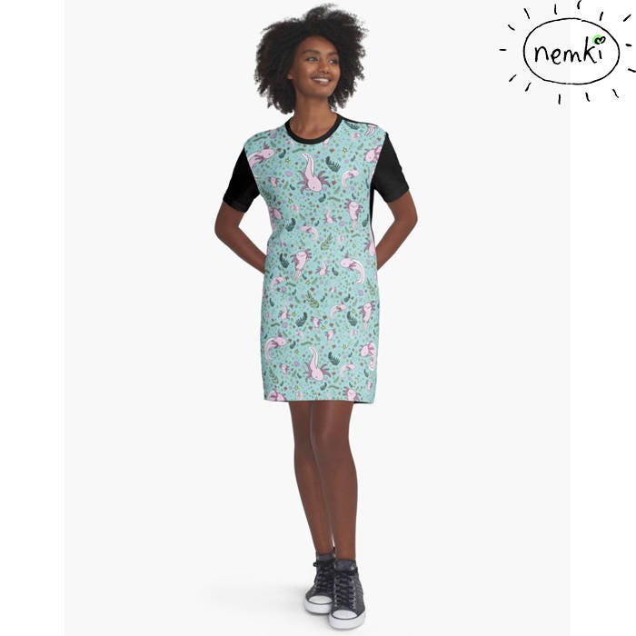 Image of Axolotl Patterned T-Shirt Dress, Casual Fit