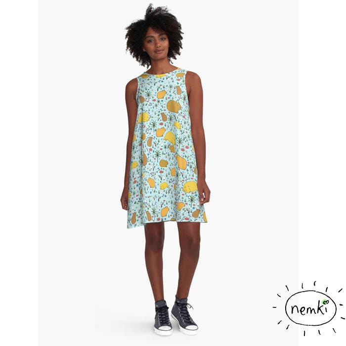 Image of Capybara Patterned A-Line Dress, Casual Flowing Fit