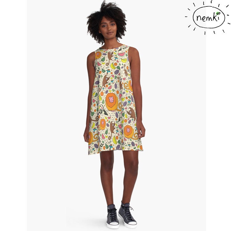 Image of Monkeys & Fruit Patterned A-Line Dress, Casual Flowing Fit
