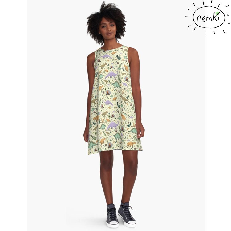 Image of Dinosaurs Patterned A-Line Dress, Casual Flowing Fit