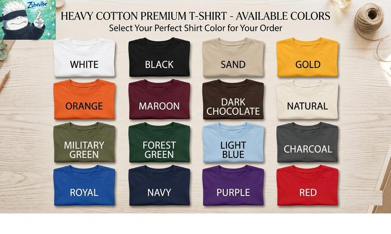 Puede incluir: Una exhibici&oacute;n de camisetas premium de algod&oacute;n grueso en varios colores. Los colores incluyen blanco, negro, arena, dorado, naranja, granate, chocolate oscuro, natural, verde militar, verde bosque, azul claro, carb&oacute;n, real, marino, morado y rojo.