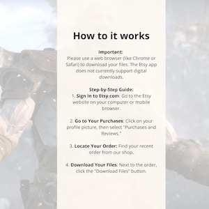 May include: A vertical image with a white background and text that reads "How to it works." The text provides a step-by-step guide on how to download files from Etsy using a web browser, not the app.