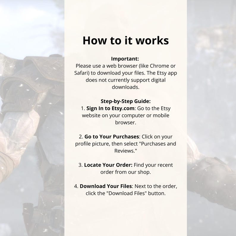 May include: A vertical image with a white background and text that reads "How to it works." The text provides a step-by-step guide on how to download files from Etsy using a web browser, not the app.