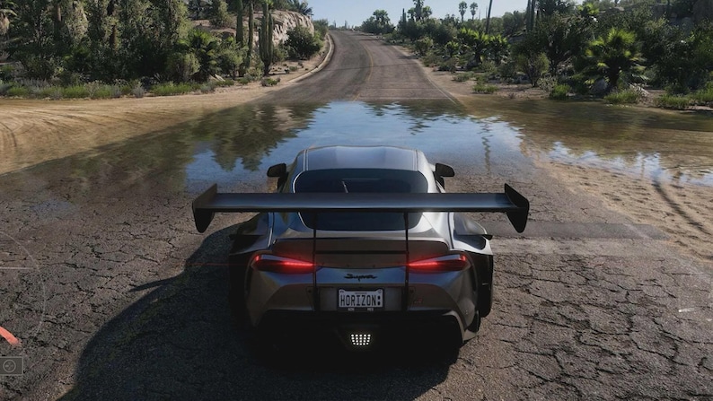 May include: A silver sports car with a large rear wing is parked on a wet road. The car has red taillights and a license plate that reads "HORIZON". The scene is set in a desert environment with trees and a road.